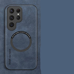 Denim blue Magnetic Armor Case for Samsung Galaxy on a matching background