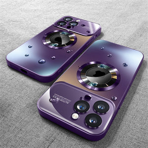 Two purple smartphones with a unique camera design on a gray textured surface