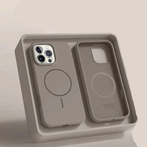 Silicone phone case with magnetic design on a light gray background