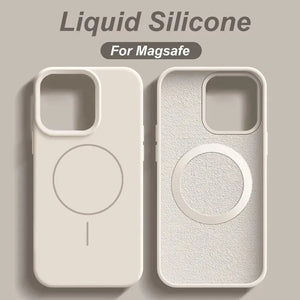 Two liquid silicone iphone cases for Magsafe on a gray background