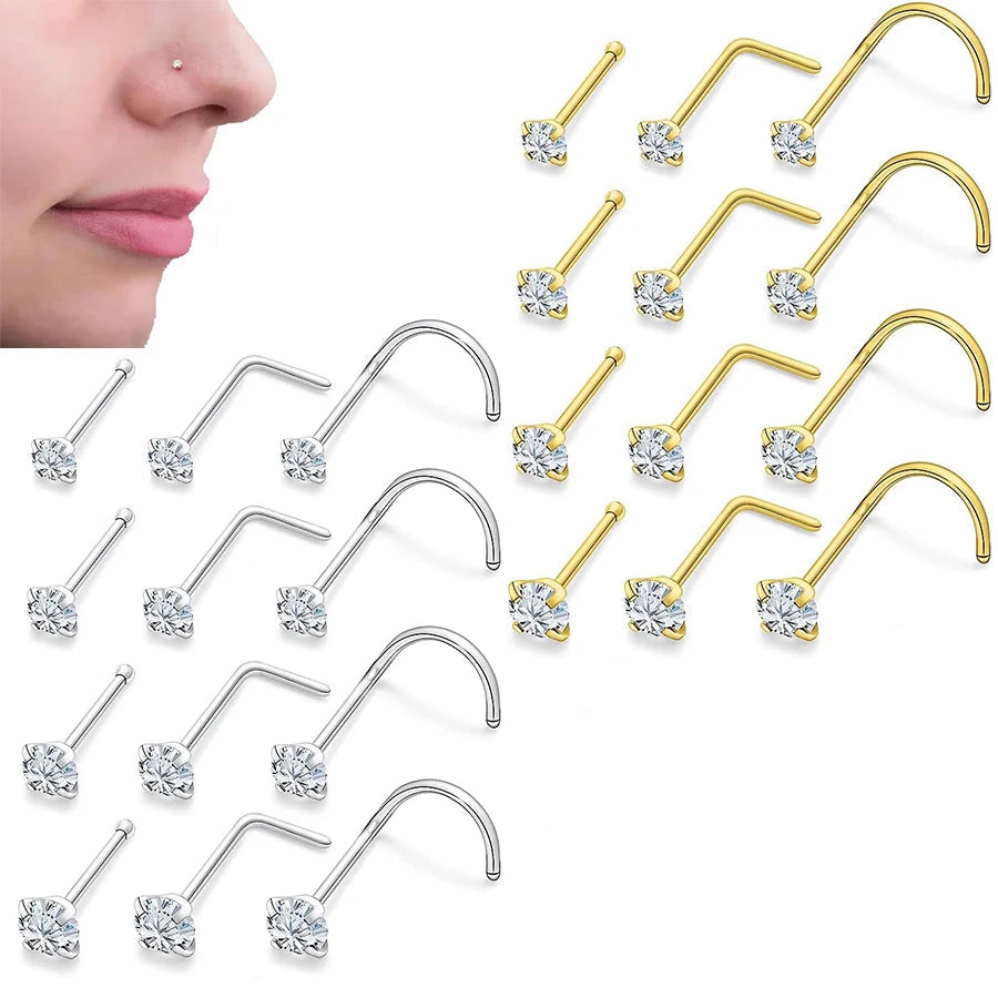 4pcs Cubic Zirconia Nose Studs 20G L-Shaped Shiny Nostril Jewelry