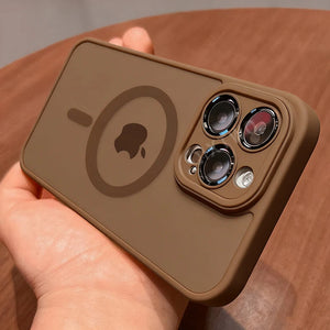 Brown Matte magnetic iPhone case compatible with Magsafe wireless charging held by a hand on a wooden surface