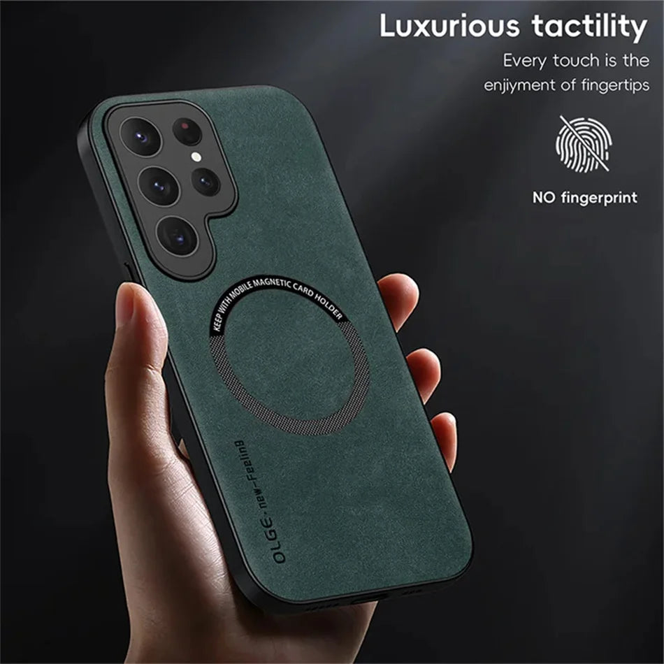 Green Magnetic leather shockproof Samsung Galaxy case with a hand holding it, on a dark background