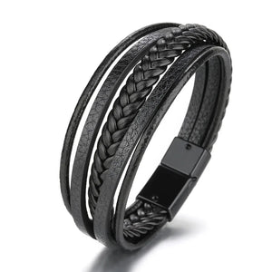 Mens braided leather bracelet with stainless steel clasp multilayer rope wristband