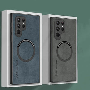 Two Magnetic Armor Case for Samsung Galaxy feature on a green background, labeled 'Luxury Leather'.