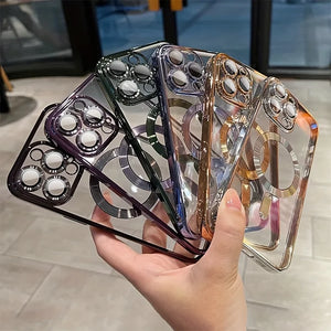 Luxury magnetic plating clear MagSafe case for iPhone 11–17 Pro Max Shockproof, lightweight, wireless charging ready.