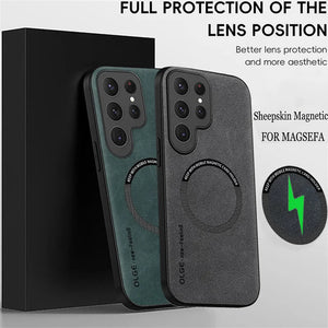 Two phone cases with magnetic feature and branding on a gray background