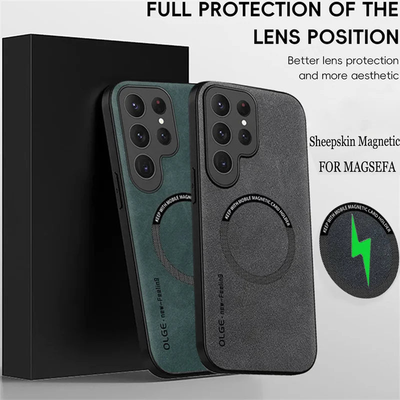 Two phone cases with magnetic feature and branding on a gray background