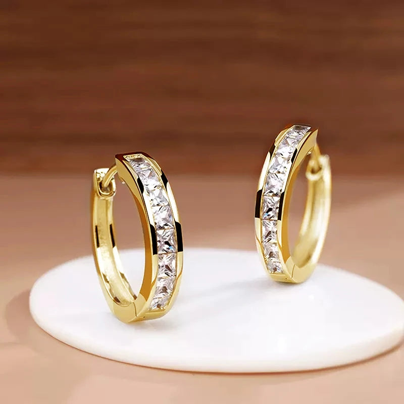 women's CZ hoop earrings princess square cubic zirconia elegant geometric hoops
