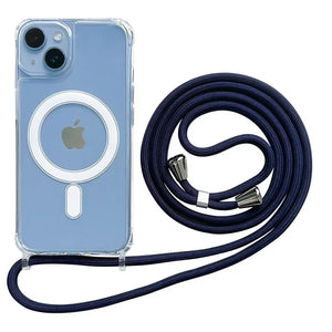 Crossbody Magnetic Clear iPhone Case with Lanyard Hard PC Back Cover and a navy blue lanyard on a white background