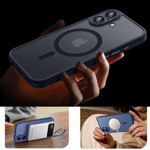 Phone case with Apple logo held by a hand, followed by images of the case in use.