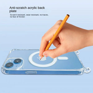 Hand holding a pencil near a clear iphone case with text about anti-scratch acrylic back plate.