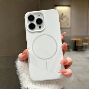 White Luxury Skin Feel Magnetic Magsafe Phone Case for iPhone 12-17 Pro Max Plus Wireless Charger Cover.
