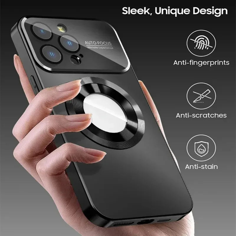 Phone case with ring holder held by a hand, featuring anti-fingerprint, anti-scratch, and anti-stain properties.