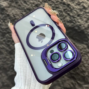 purple Luxury Magnetic Shockproof Phone Case For iPhone 15 14 13 12 11 16 17 Pro Max Plus 16E Stand Glass Lens Protection Cover