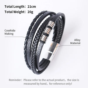 Mens braided leather bracelet with stainless steel clasp multilayer rope wristband