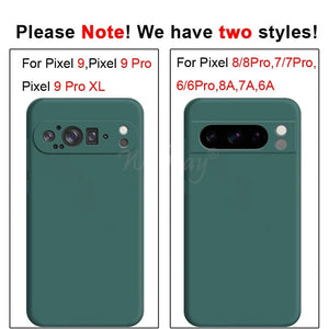 Two green phone cases with text indicating compatibility for different Google Pixel models.