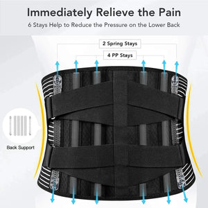 Black back support brace with labeled features on a white background