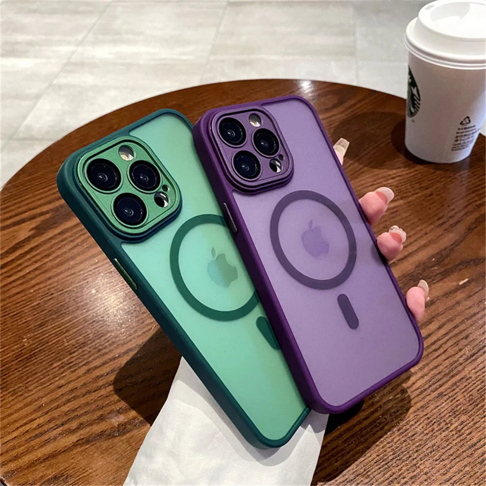 Two Matte translucent magnetic iPhone case with camera lens protection and MagSafe one green and one purple.