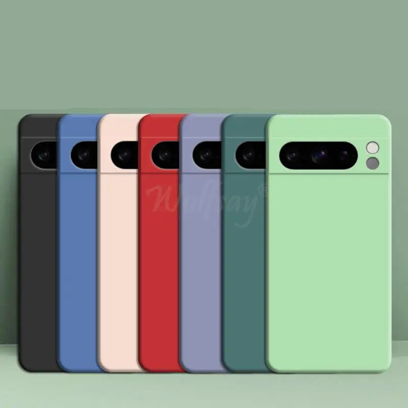 Row of colorful Liquid Silicone Cases for Pixel on a green background with text 'Better Than Original Liquid Silicone'.