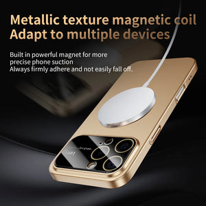 Gold MagSafe Matte Case for iPhone with metallic texture magnetic coil on a dark background