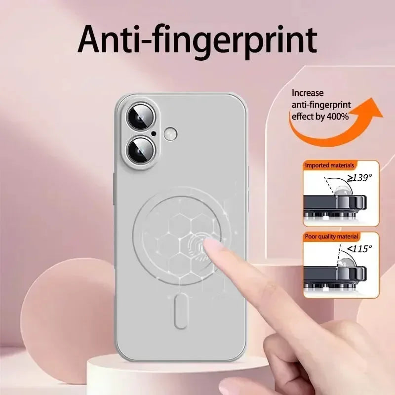 Phone case with anti-fingerprint feature and hand touching it on a pink background