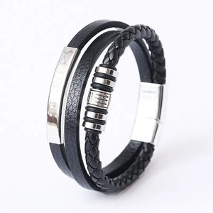 Mens braided leather bracelet with stainless steel clasp multilayer rope wristband