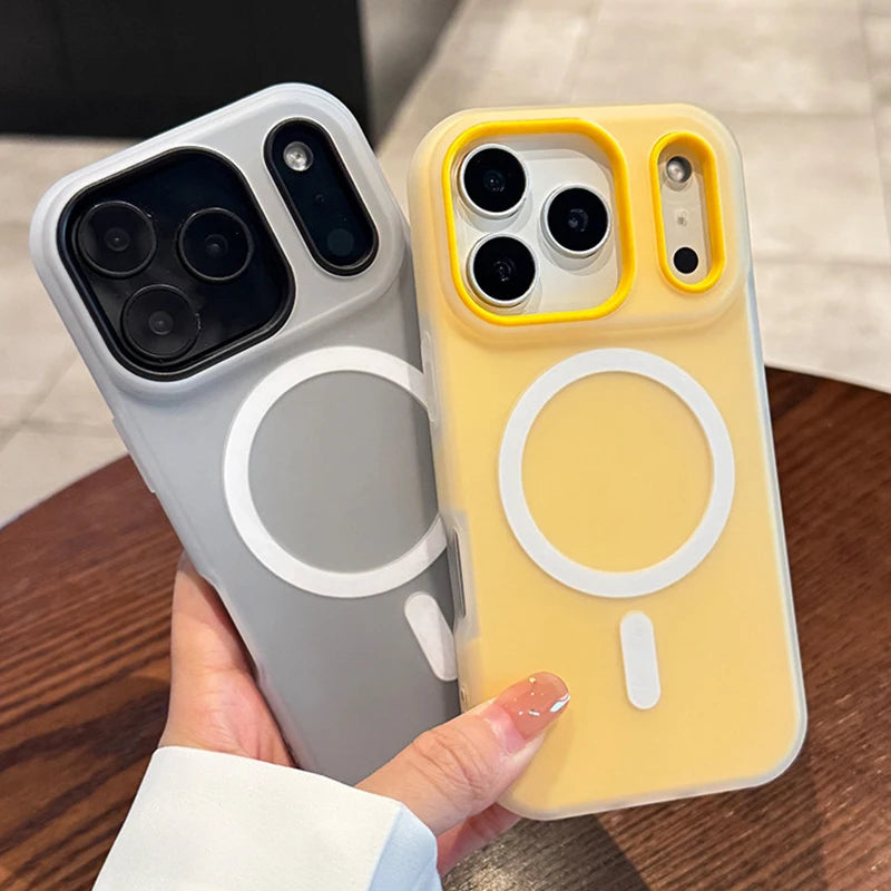 Two Candy color matte magnetic MagSafe iPhone case with shockproof protection for iPhone 11β17 series, one gray and one yellow.