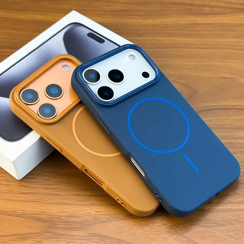 Blue and orange phone cases on a wooden surface