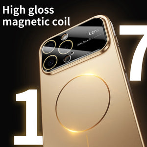 Gold phone case with magnetic coil feature on a dark background