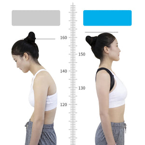 Comparison of a woman's Adjustable back support strap for shoulder alignment and daily posture comfort, shown with a measurement scale.