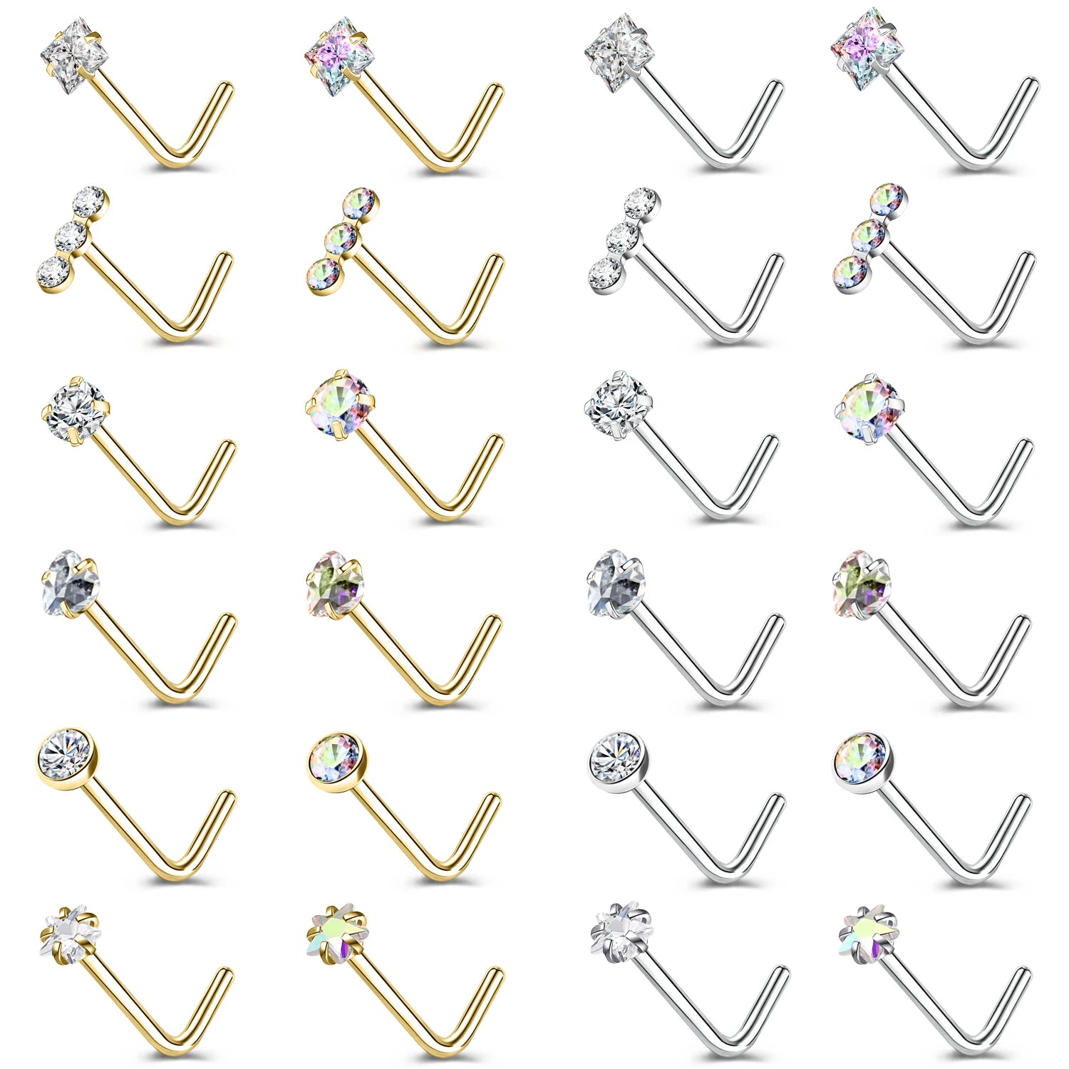 Gold & Silver Nose Stud Set – Heart Star Round L Shape Nostril Piercing 0.8x7mm