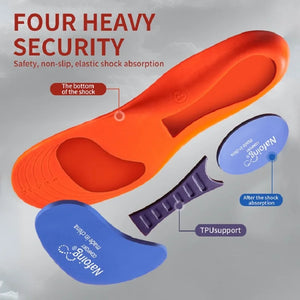 Orange and purple shoe sole with shock absorption and support features on a gray background