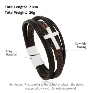Mens braided leather bracelet with stainless steel clasp multilayer rope wristband