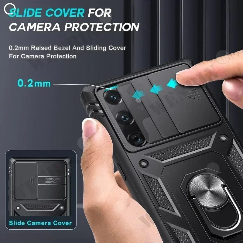 Heavy duty Samsung Galaxy case with slide camera cover for protection, showing a hand holding the phone.