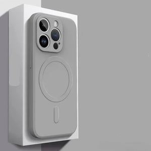 Magsafe magnetic phone case with liquid silicone material on a gray background