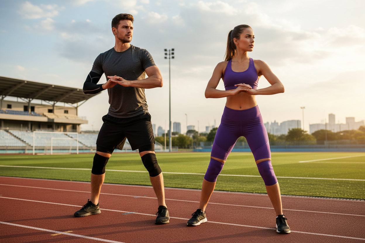 Man woman on training with Compression sleeves for arms, legs, and calves for sports, workouts, and active recovery