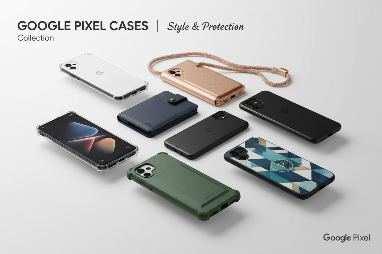 Google Pixel phone cases collection with clear, wallet, crossbody, slim, heavy-duty, protective, personalized, and magsafe covers for Pixel 6, 6a, 7, 7a, 8, 8a, 9, 10 models