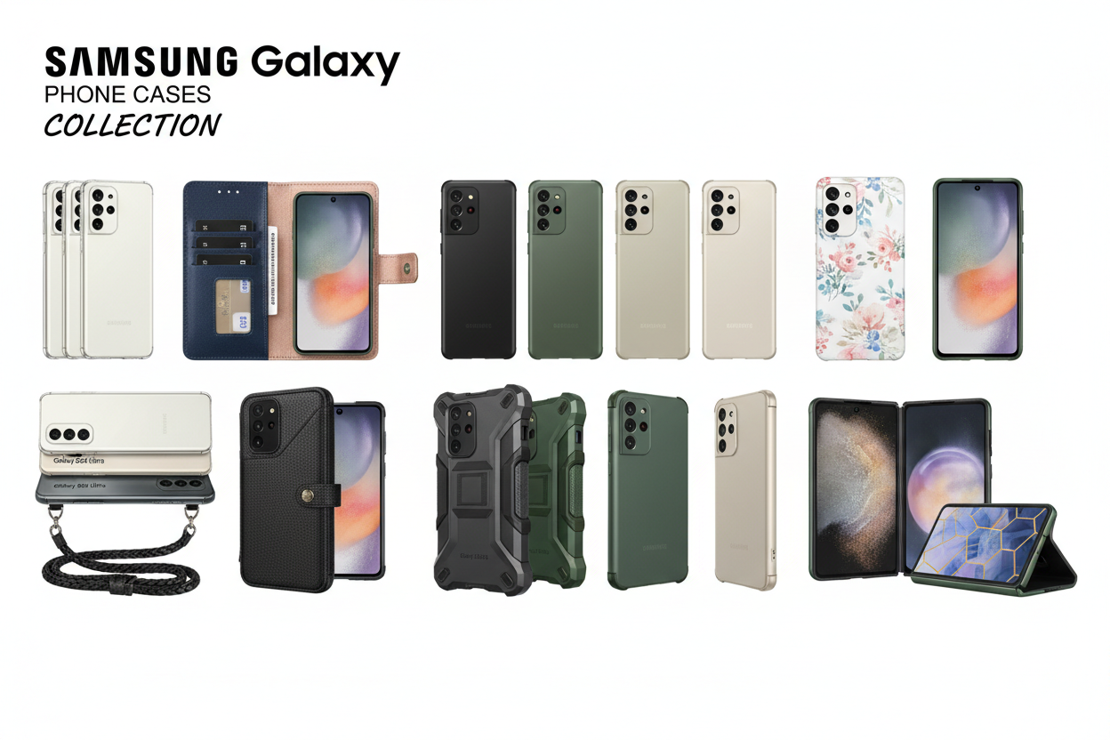 Samsung Galaxy phone cases collection with clear, wallet, crossbody, slim, heavy-duty, protective, personalized, and magsafe covers for Galaxy S20-S26, A14-A74 series, and Z Fold/Flip models