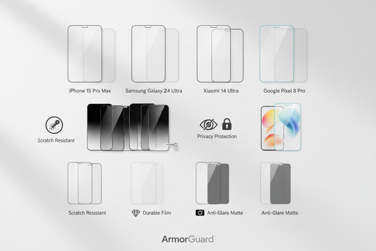 Shop screen protectors for iPhone, Samsung, Xiaomi & Google Pixel — tempered glass, privacy screens, scratch-resistant & anti-glare options.