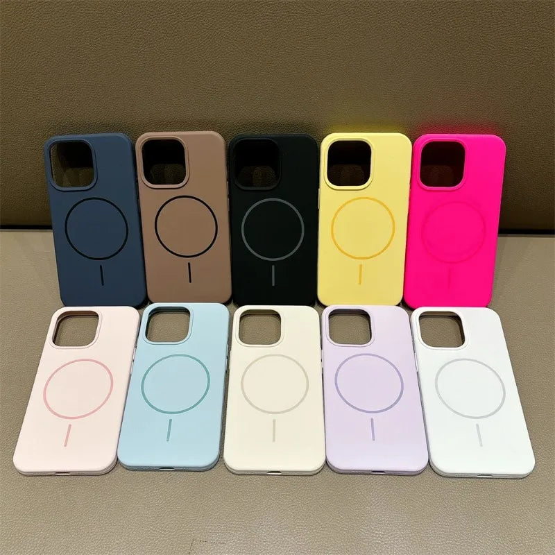 Row of colorful Luxury Skin Feel Magnetic Magsafe Phone Case for iPhone 12-17 Pro Max Plus Wireless Charger Cover.
