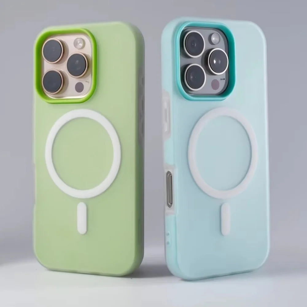 Two phone cases, one green and one light blue, Luxury Matte Candy Color MagSafe Magnetic Clear Case for iPhone 11–17
