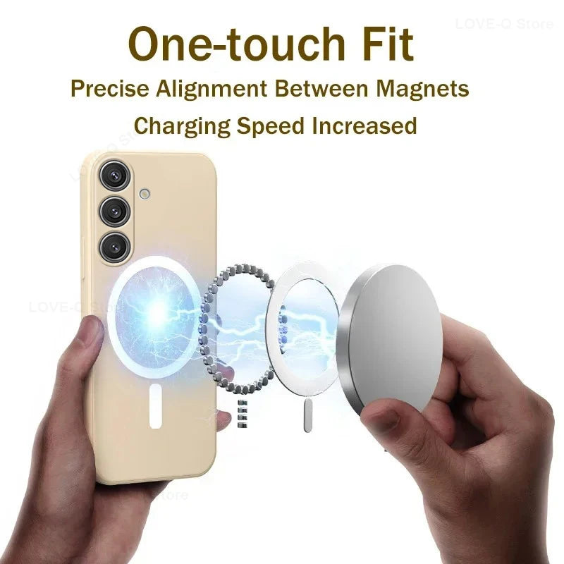 Phone case with magnetic attachment feature being demonstrated on a white background