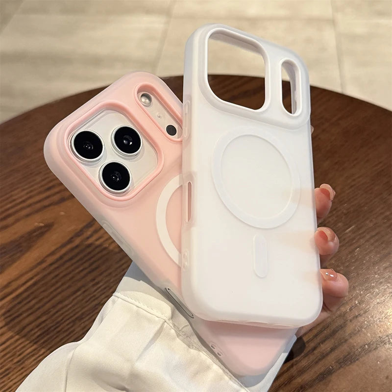 Two Candy color matte magnetic MagSafe iPhone case with shockproof protection for iPhone 11–17 series, one pink and one white