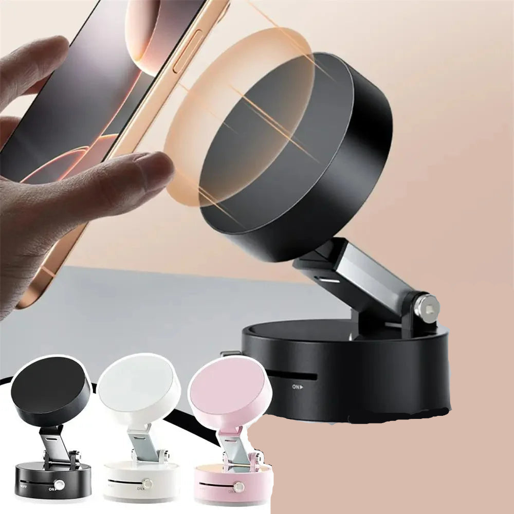 Magnetic phone holder with smartphone attachment on a neutral background