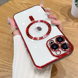 red Luxury Plating Magnetic MagSafe Transparent iPhone Case with Lens Protector