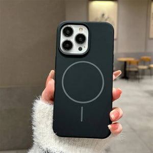 Black Luxury Skin Feel Magnetic Magsafe Phone Case for iPhone 12-17 Pro Max Plus Wireless Charger Cover.