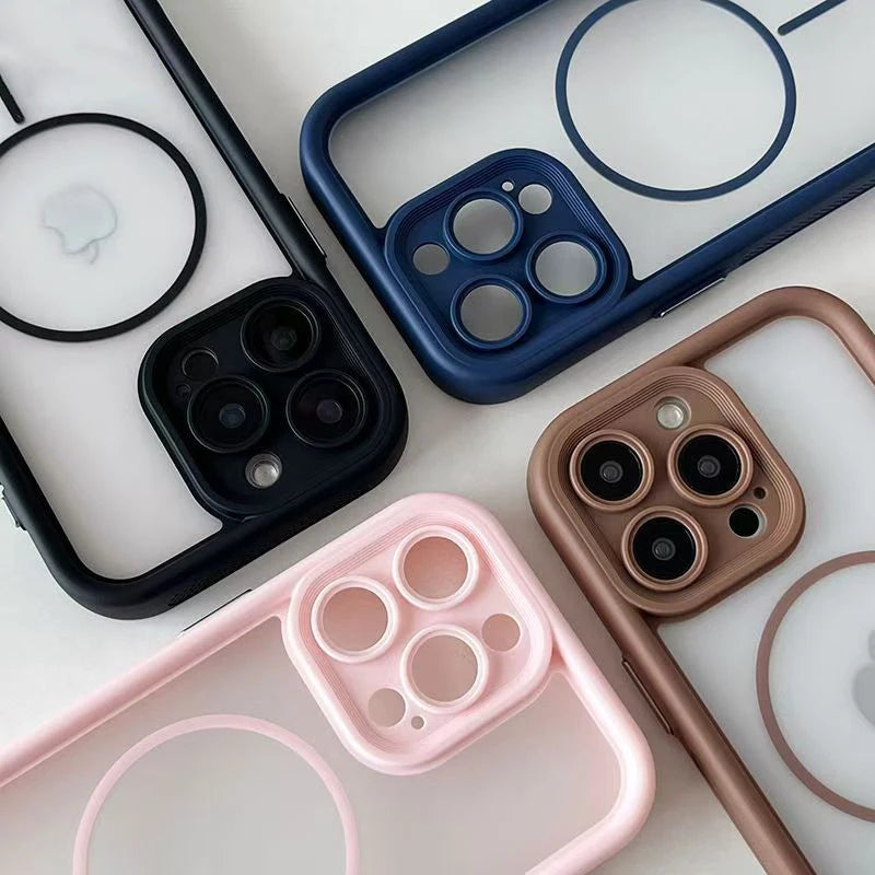 Collection of iphone camera lens protectors in various colors on a white background