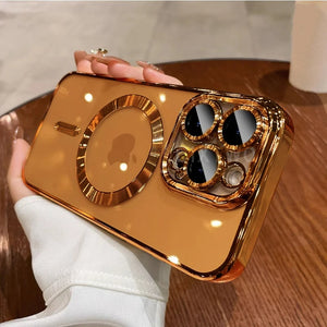 Luxury magnetic plating clear MagSafe case for iPhone 11–17 Pro Max Shockproof, lightweight, wireless charging ready.