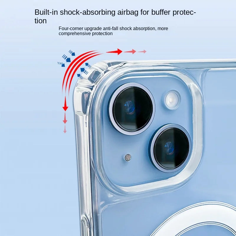 iPhone case with shock-absorbing airbag feature on a light blue background